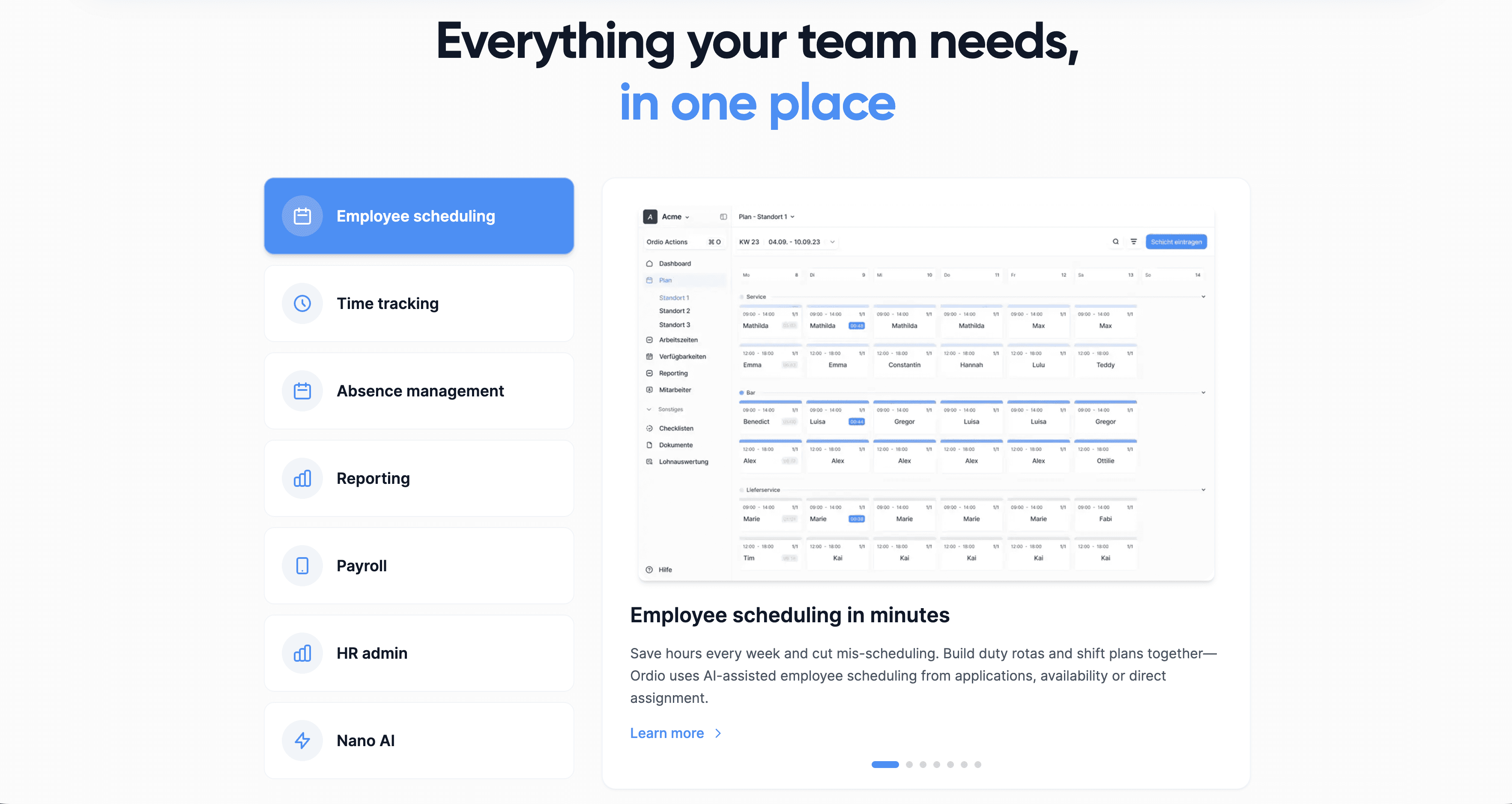 Ordio employee scheduling dashboard with weekly shift assignments