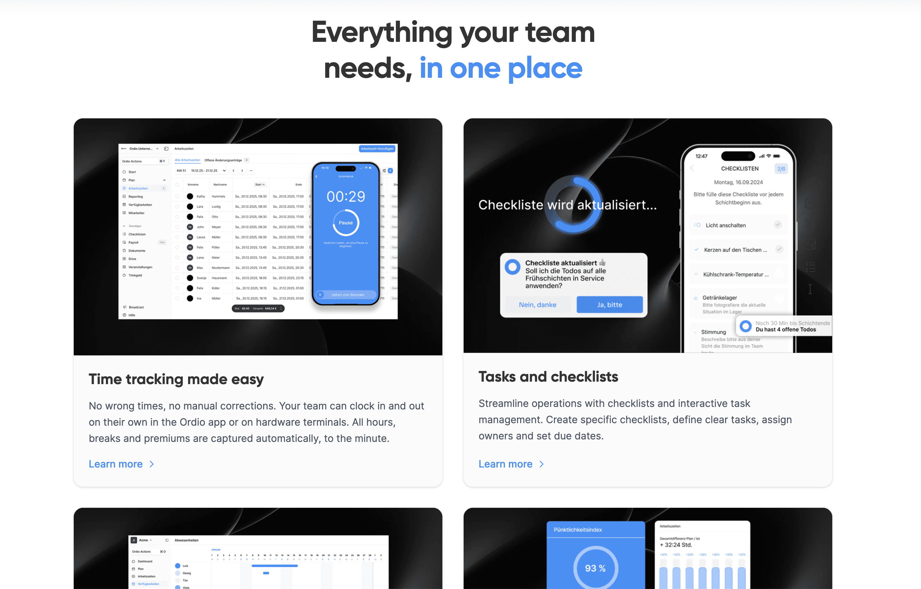 Ordio product overview showing time tracking and mobile task checklists