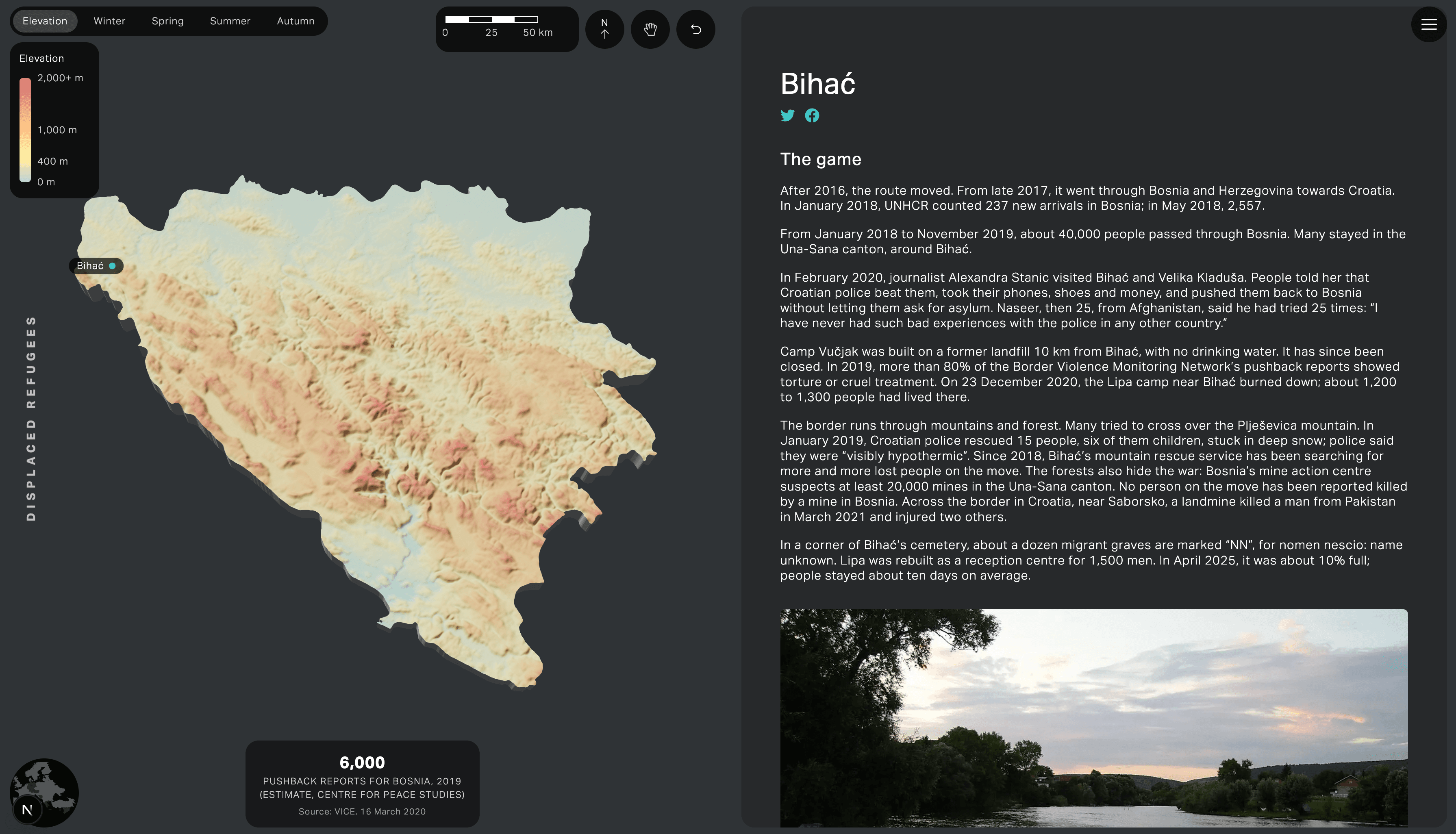 Balkan Route city page for Bihać with a 3D terrain map of Bosnia showing elevation, and an article