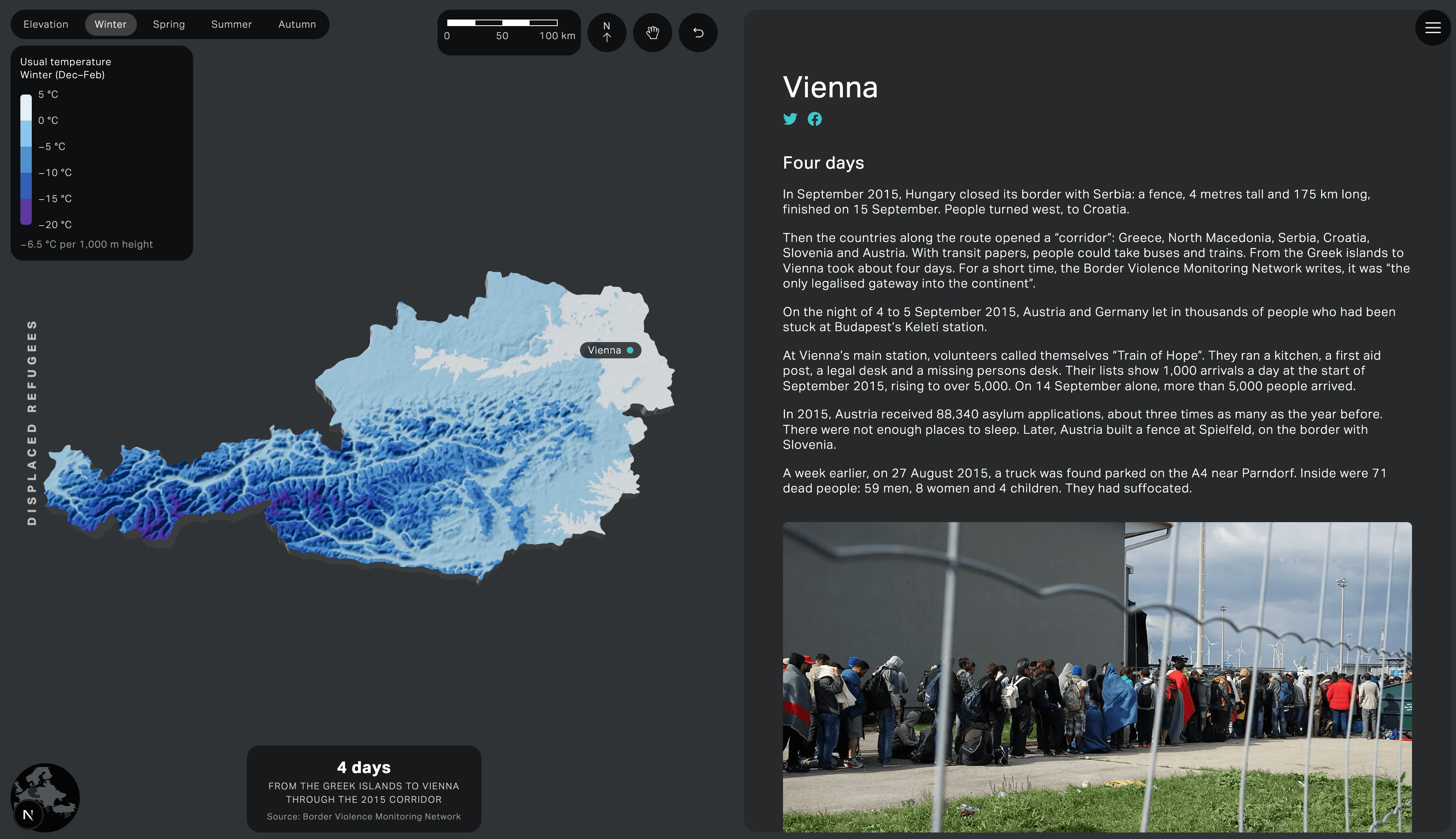 Balkan Route city page for Vienna with a 3D terrain map of Austria showing usual winter temperatures, and an article