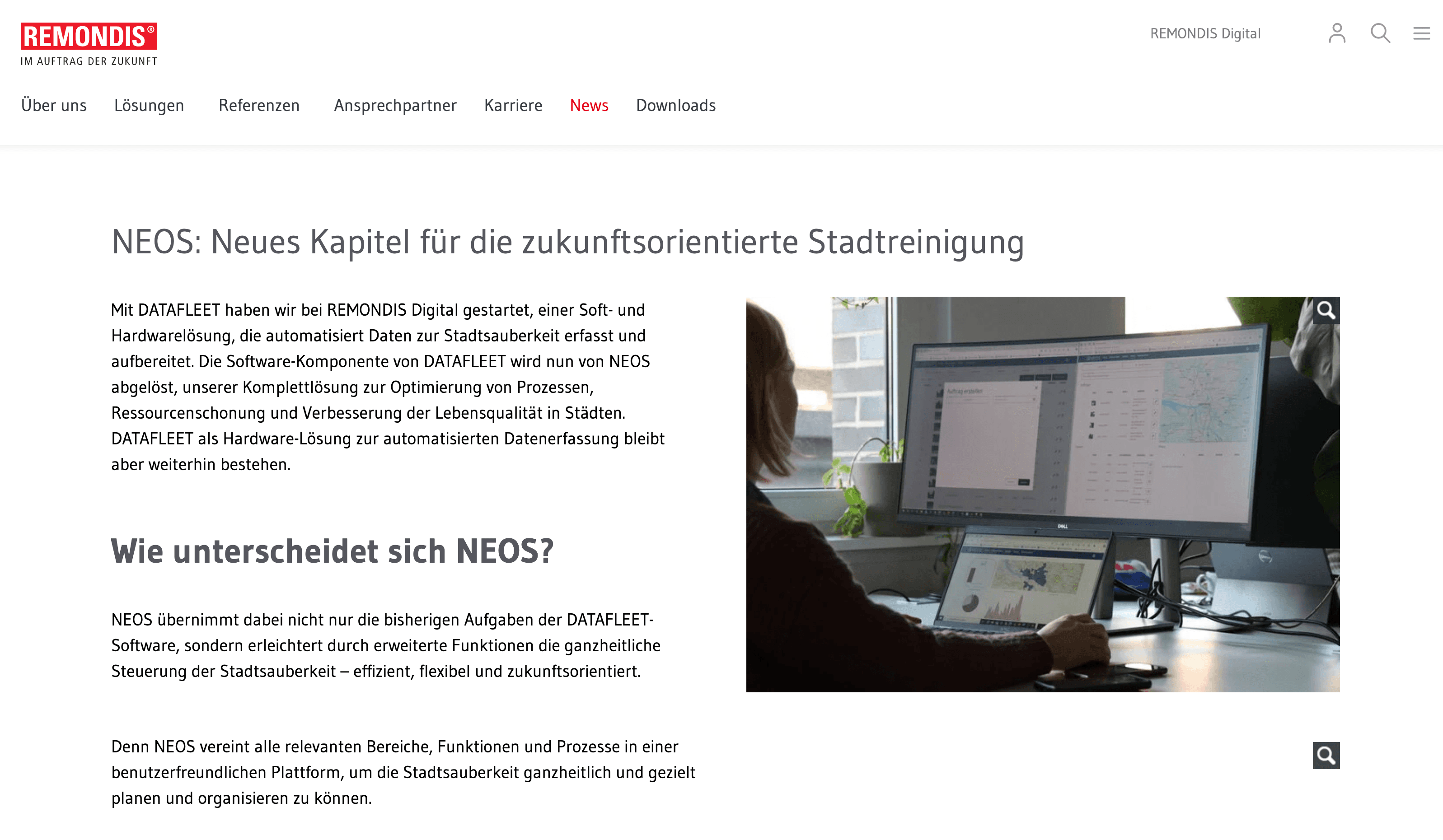 REMONDIS NEOS introduction page for city-cleaning operations software