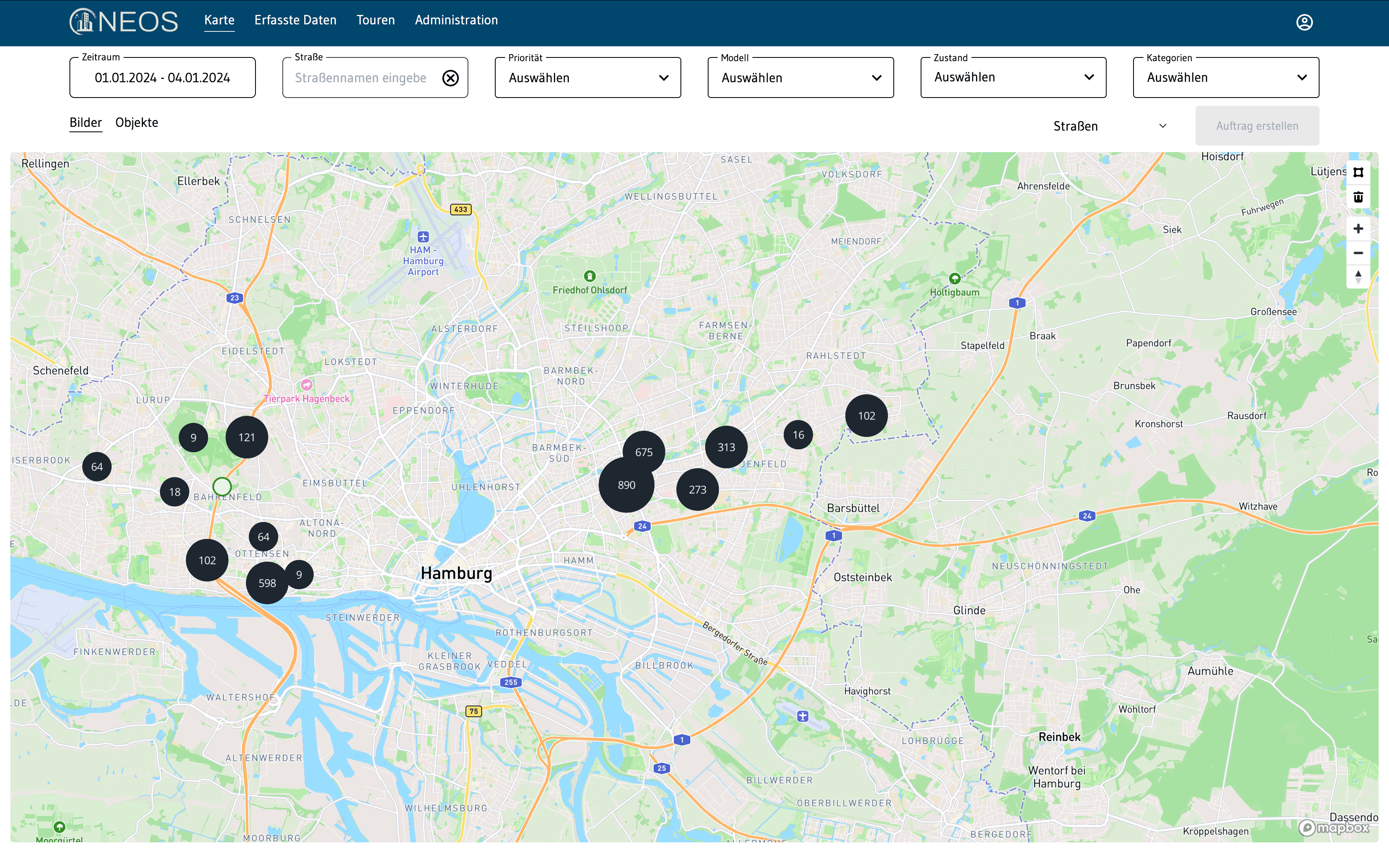 NEOS map interface showing clustered city-service records around Hamburg