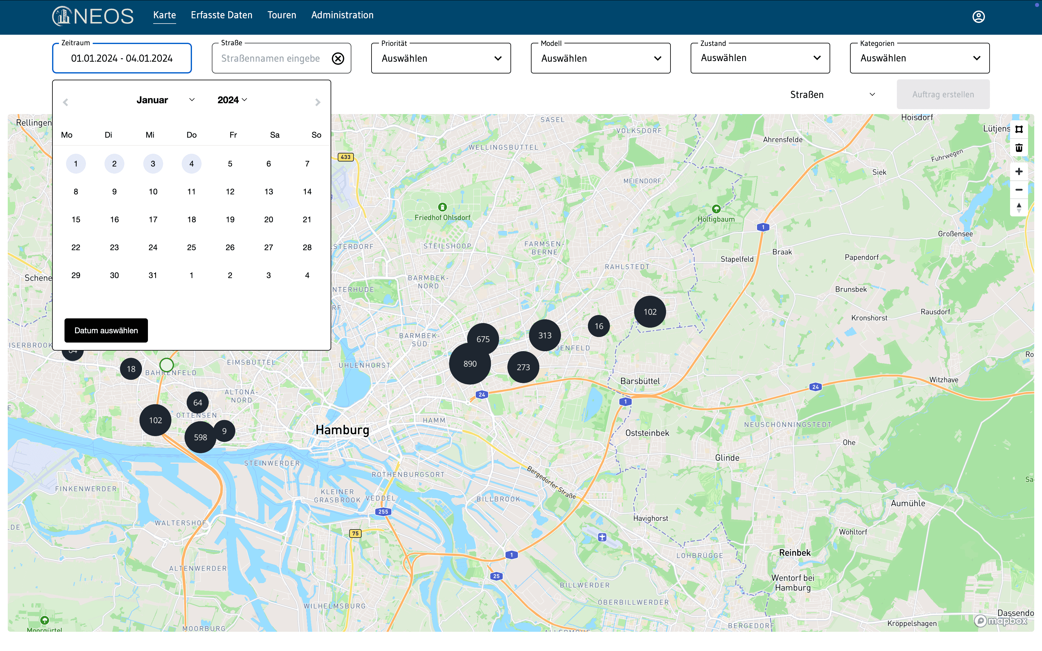NEOS map interface with an open date-range picker