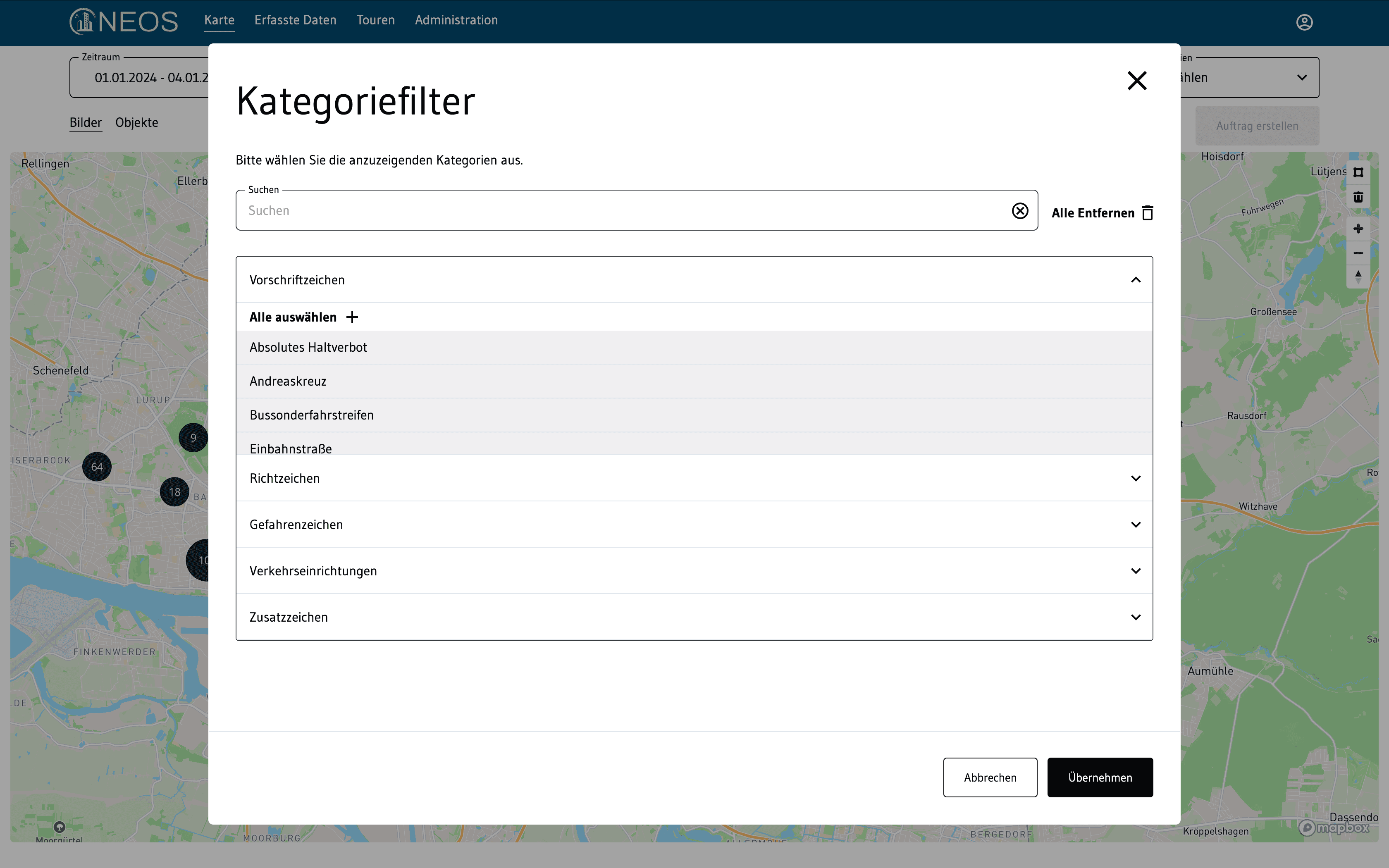 NEOS category-filter dialog over the city-service map