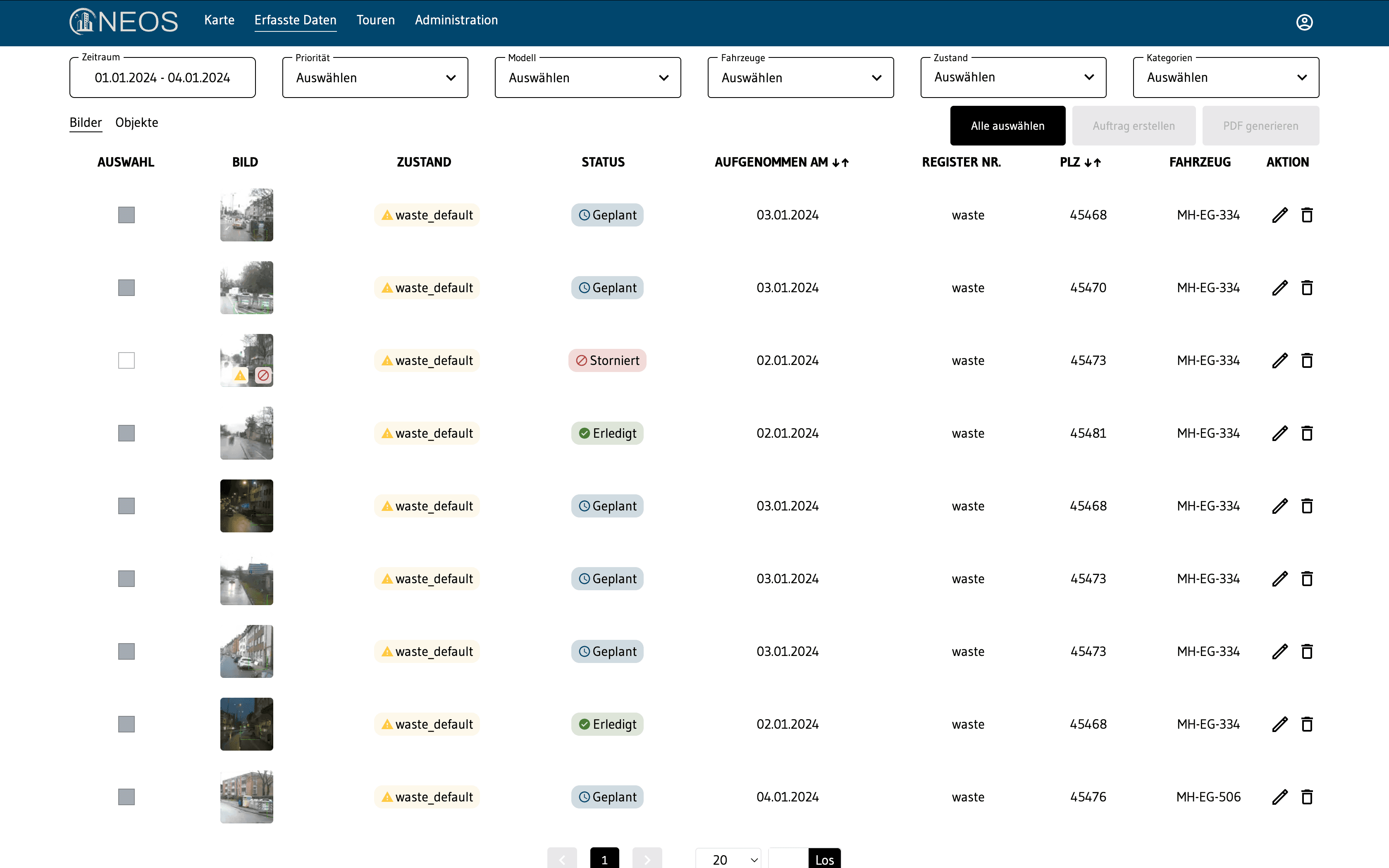 NEOS captured-data table with record statuses and vehicle details