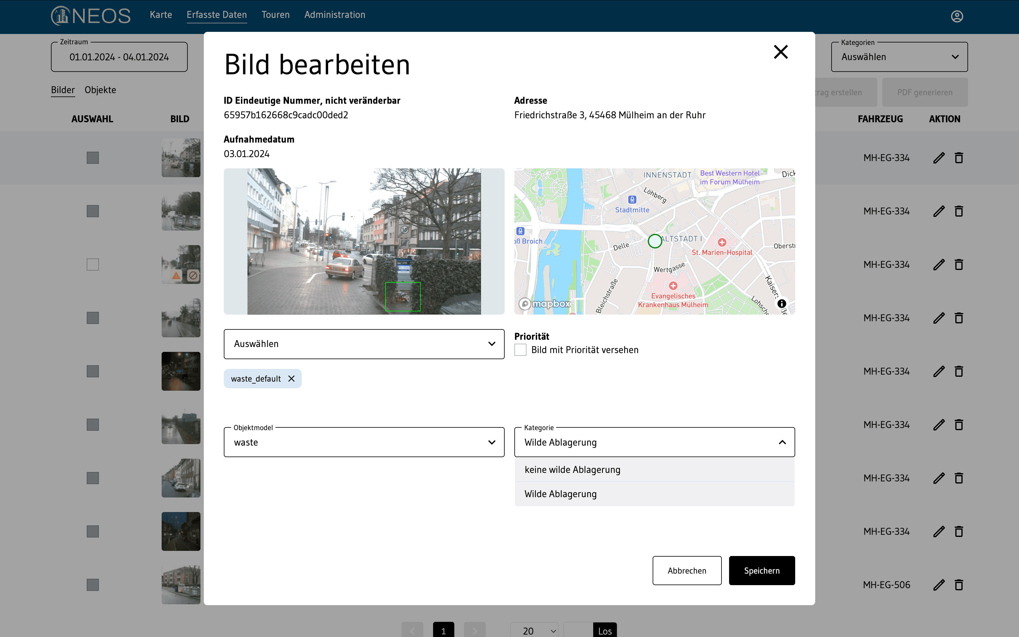 NEOS edit-record dialog with a street image, map, and category controls