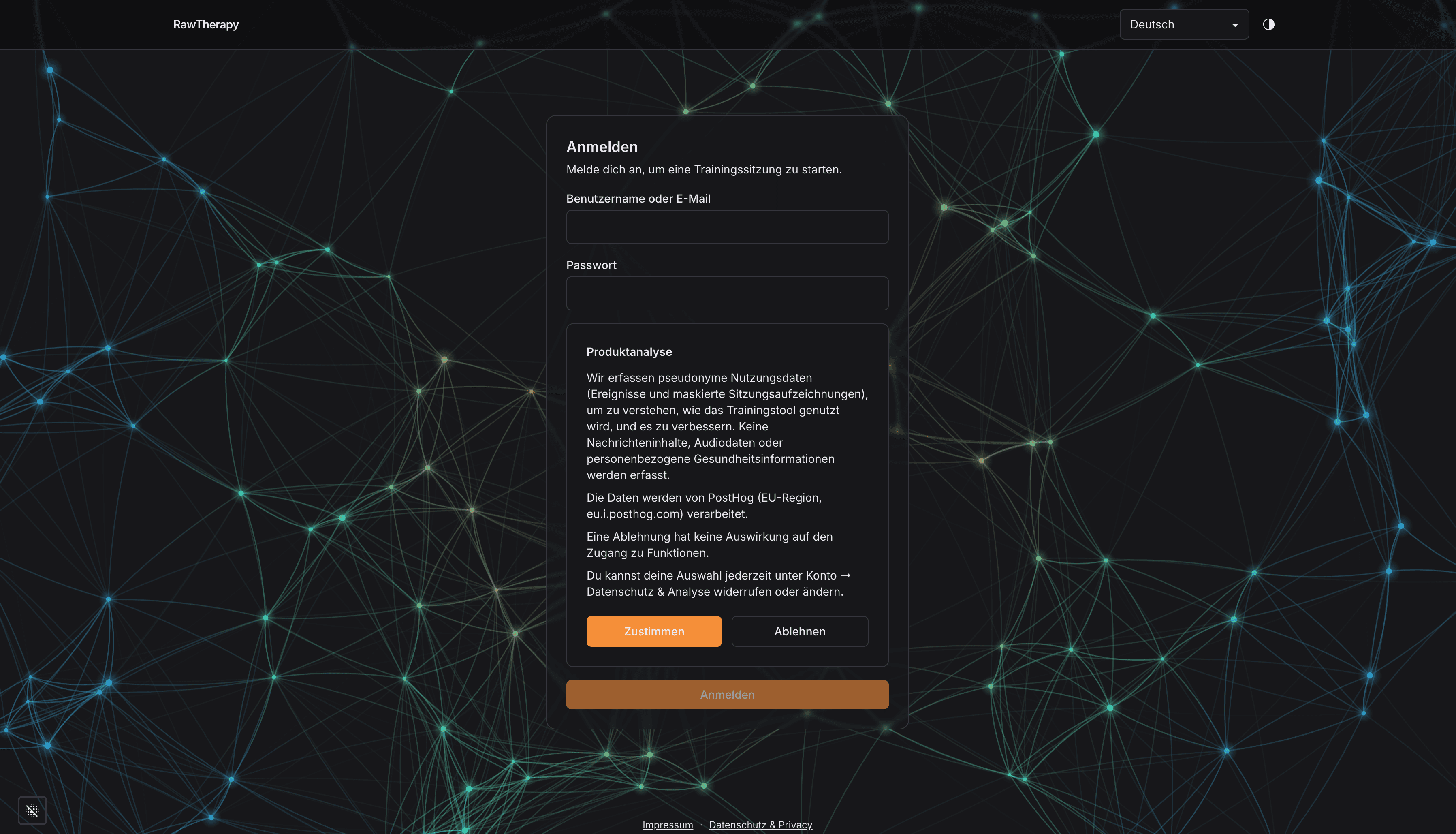 RawTherapy sign-in screen