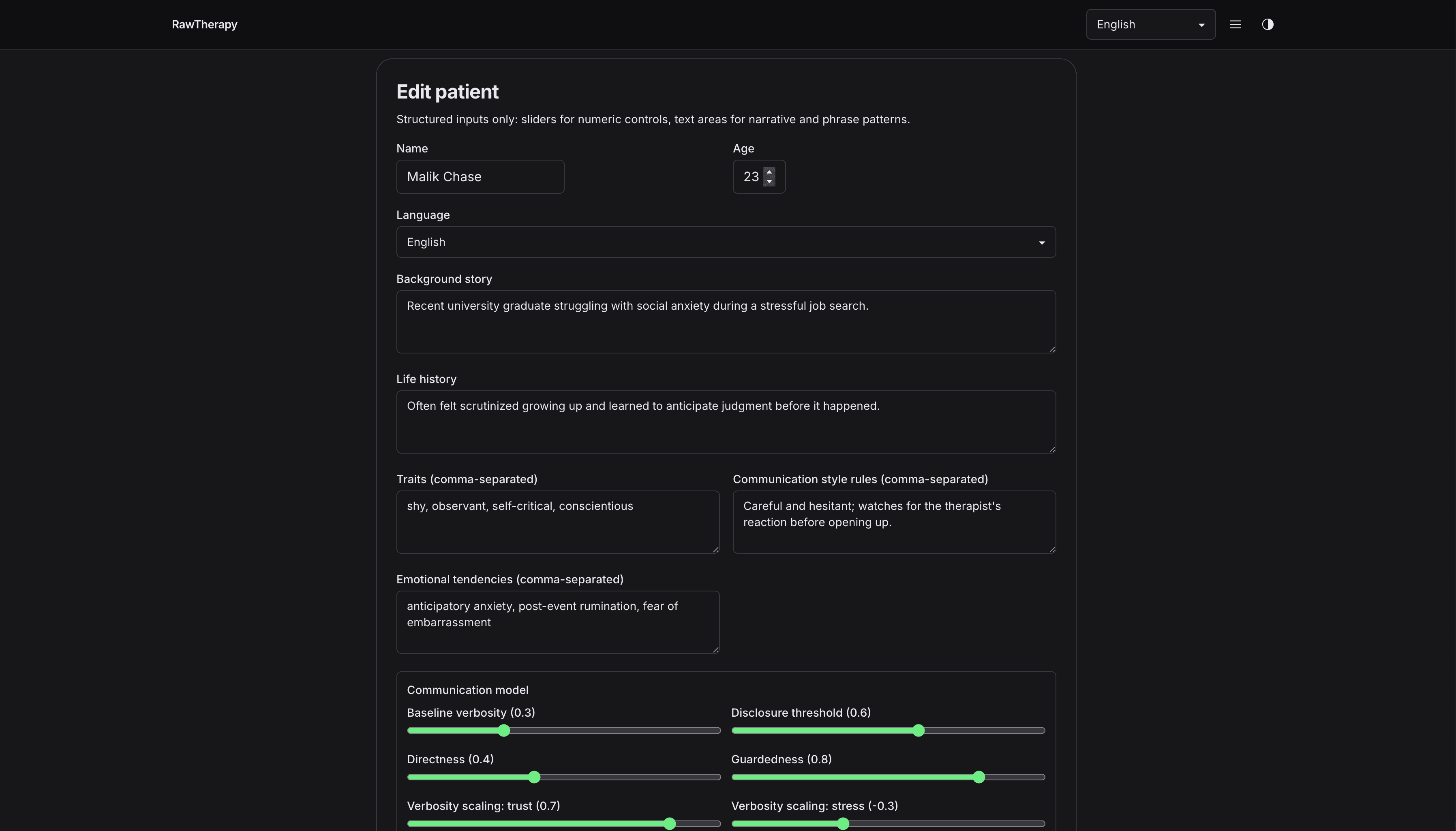 RawTherapy patient editor with structured clinical profile controls